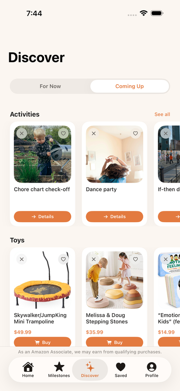 TinyFeelings discover screen showing activities and toys matched to a child's current milestones