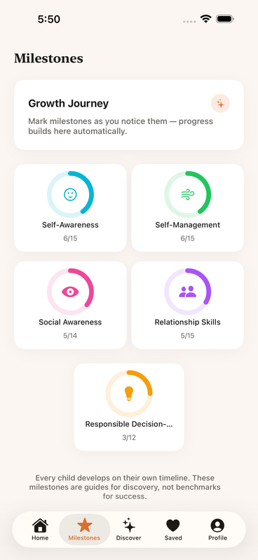 TinyFeelings milestones screen showing 71 milestones tracked across 5 social-emotional skills